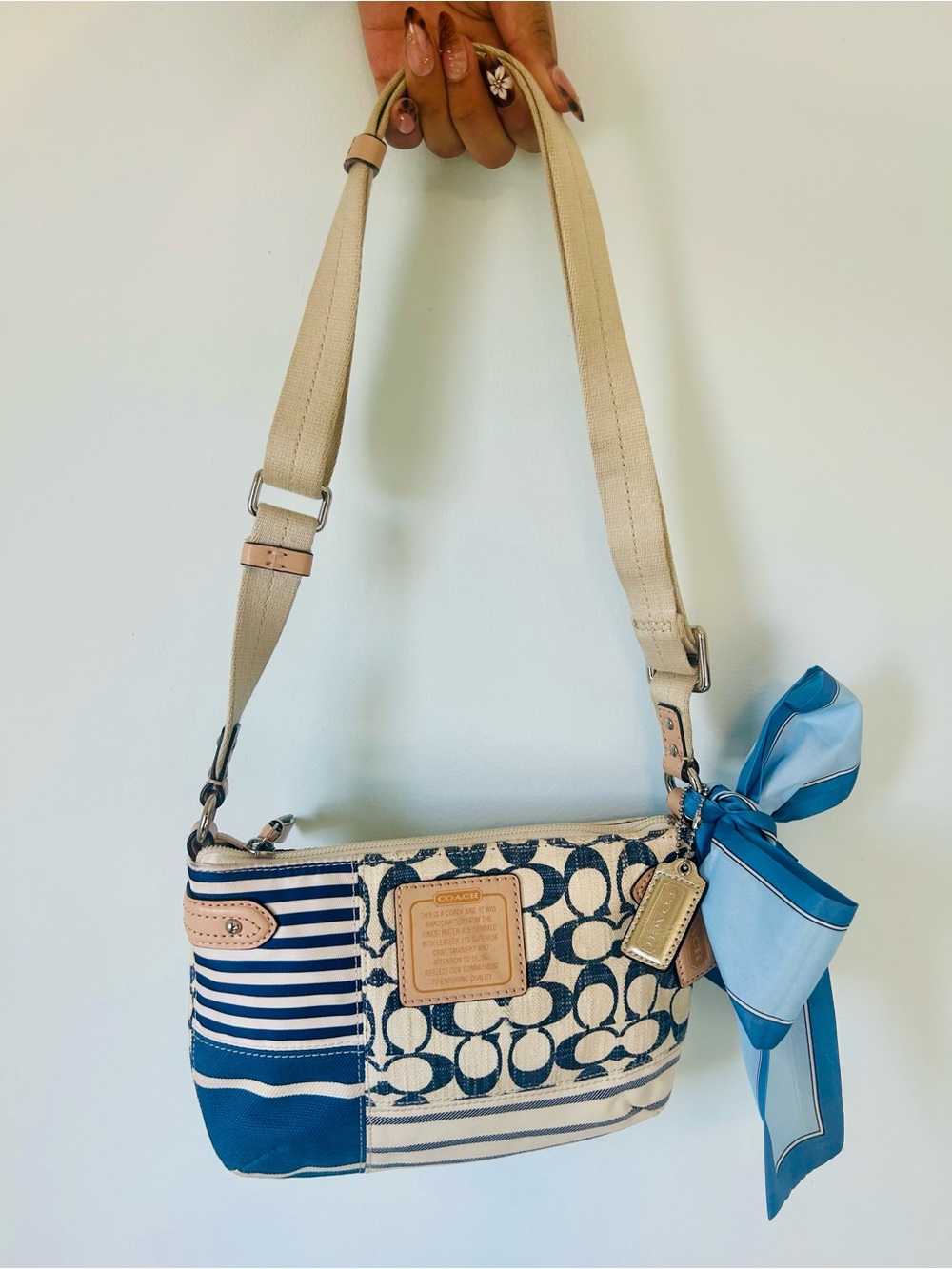 Coach Patchwork Daisy Convertible  Shoulder Bag in Blue and Cream